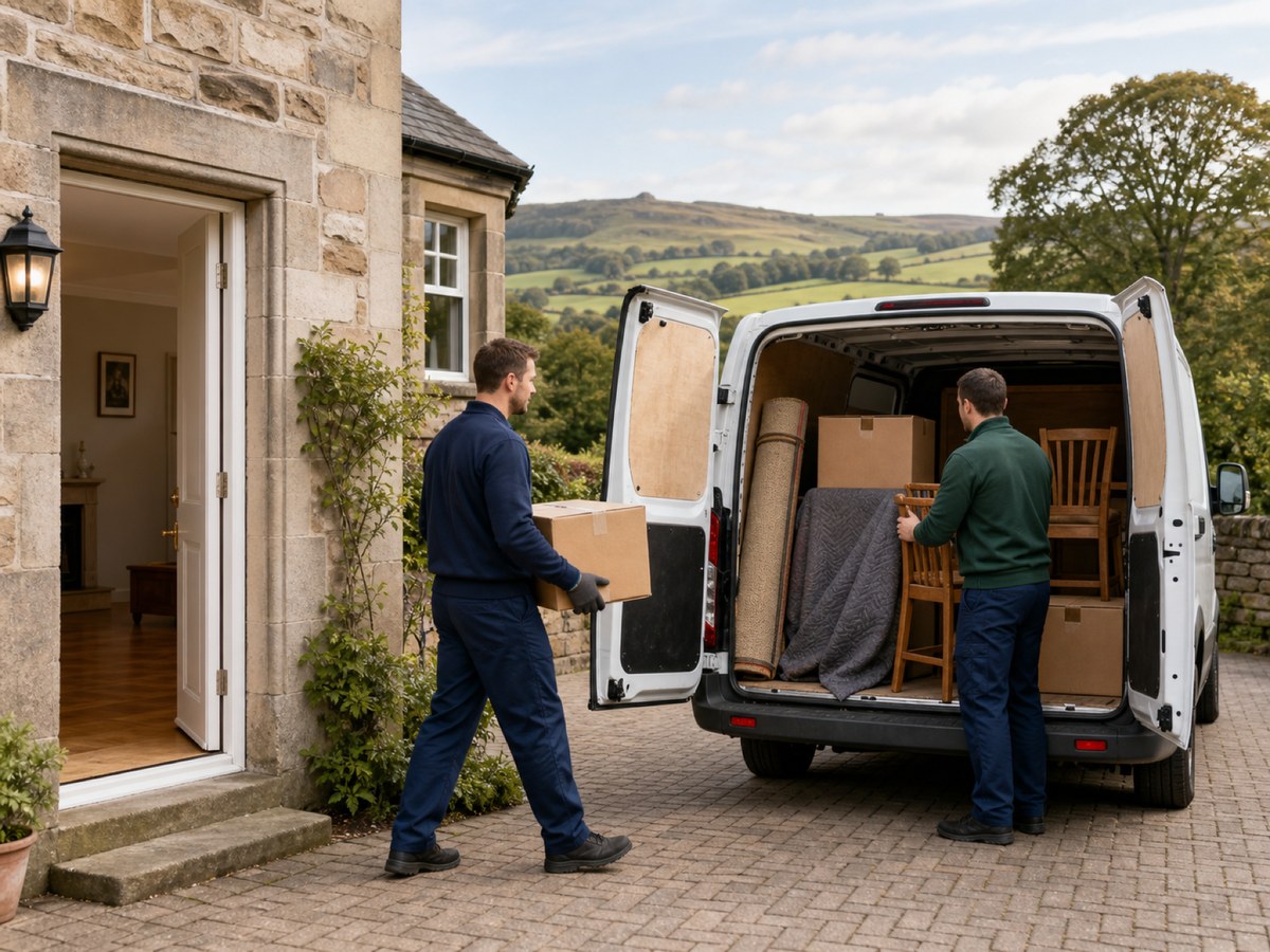 Gretna House Clearance team carrying boxes and furniture from a stone-built home near Gretna, with their van outside